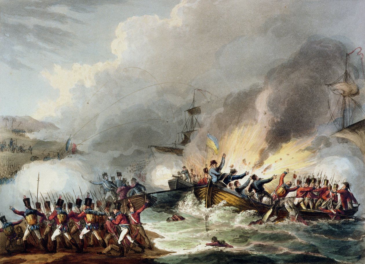 Desembarque das tropas britânicas no Egito, em março de 1801, de "As conquistas marciais da Grã-Bretanha e seus aliados de 1799 a 1815", de James Jenkins, gravado por Thomas Sutherland (bc1785), publicado de William Heath