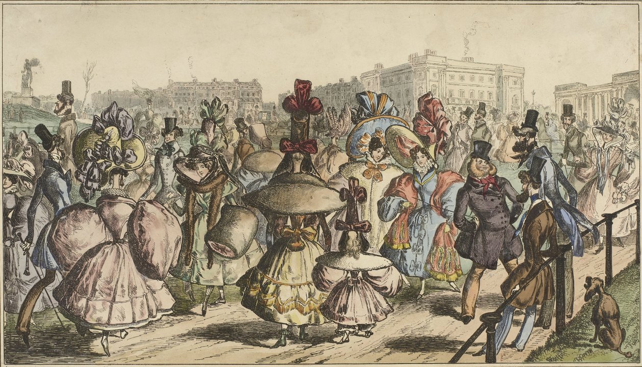 Homens e mulheres em trajes marcantes passear num parque de uma cidade
O Parque - 1830 (título sobre o objecto) de William Heath