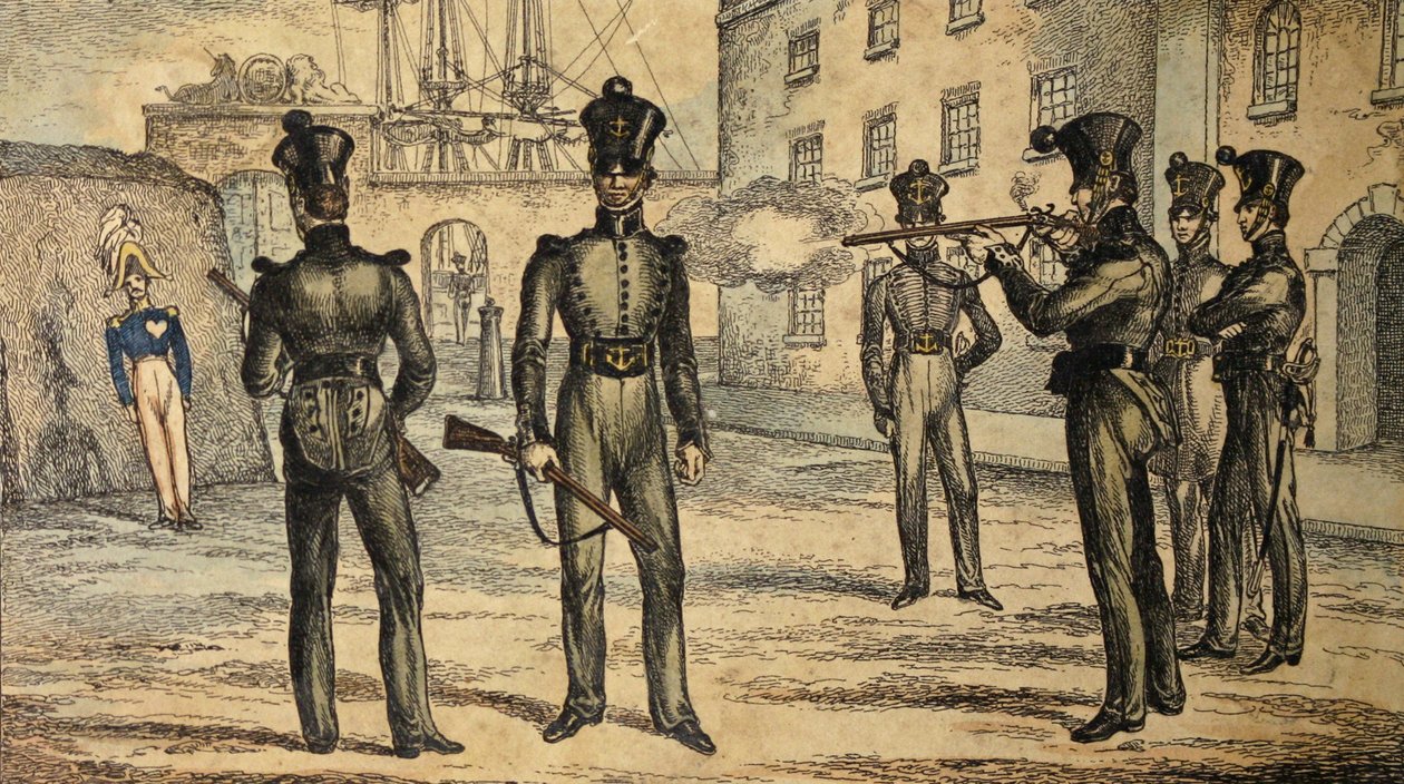 Atiradores na prática de tiro ao alvo de figura oscilante, c.1835 (gravura colorida à mão) de William Heath
