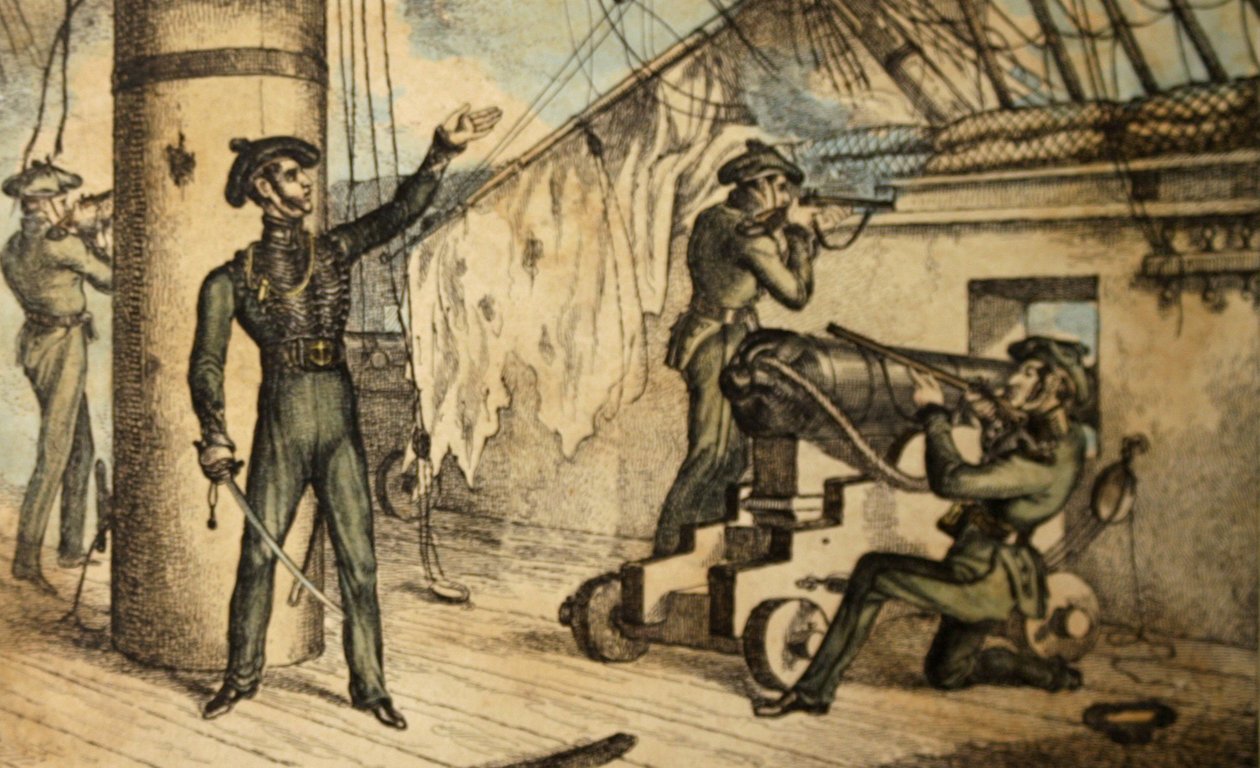 Fuzileiros marinhos em ação a bordo de um navio de guerra não identificado, c.1835 (gravura à mão colorida) de William Heath