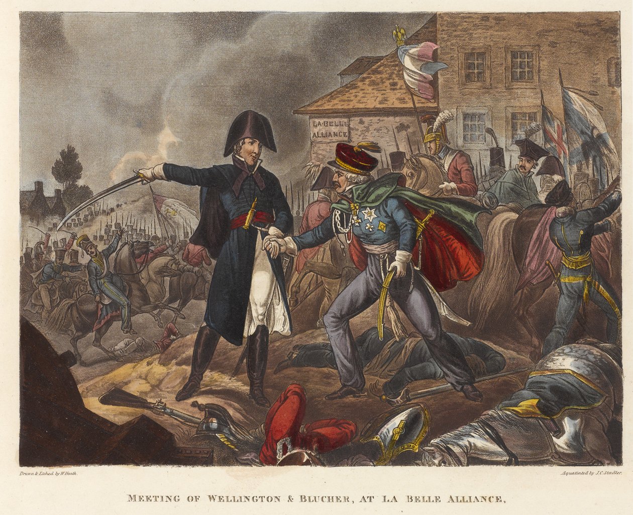 Encontro de Wellington e Blücher na Aliança La Belle, obra de Joseph Constantine Stadler (fl.1780-1812), 1818 (aquatinta colorida) de William Heath