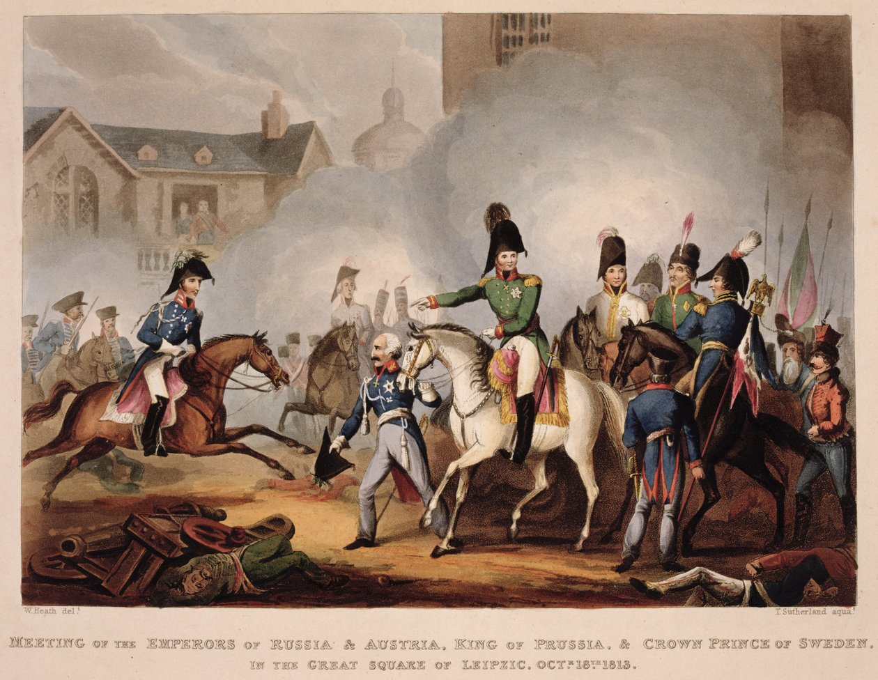 Encontro dos Imperadores da Rússia e da Áustria, Rei da Prússia e Príncipe Herdeiro da Suécia na Grande Praça de Leipsic, 18 de outubro de 1813, de "As realizações marciais da Grã-Bretanha e seu Al de William Heath