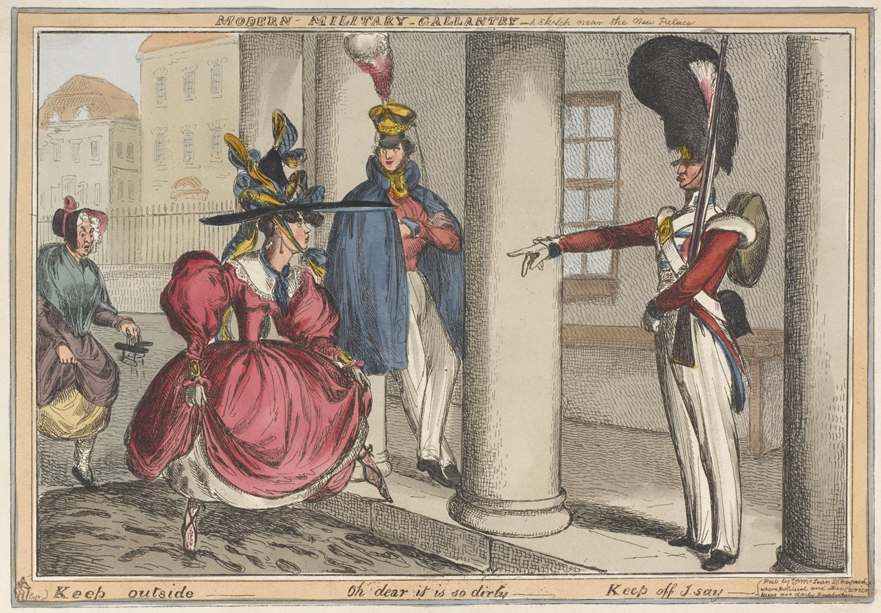&39;Modern Gallantry Militar - Um esboço perto do novo palácio Mantenha fora - Oh querido é tão sujo&39;, c.1829 (gravura colorida) de William Heath