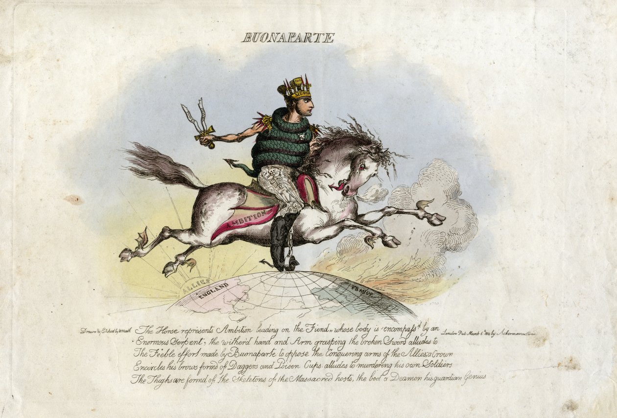 Napoleão galopa sobre Ambição, um cavalo com as asas nos pés sobre o globo de William Heath