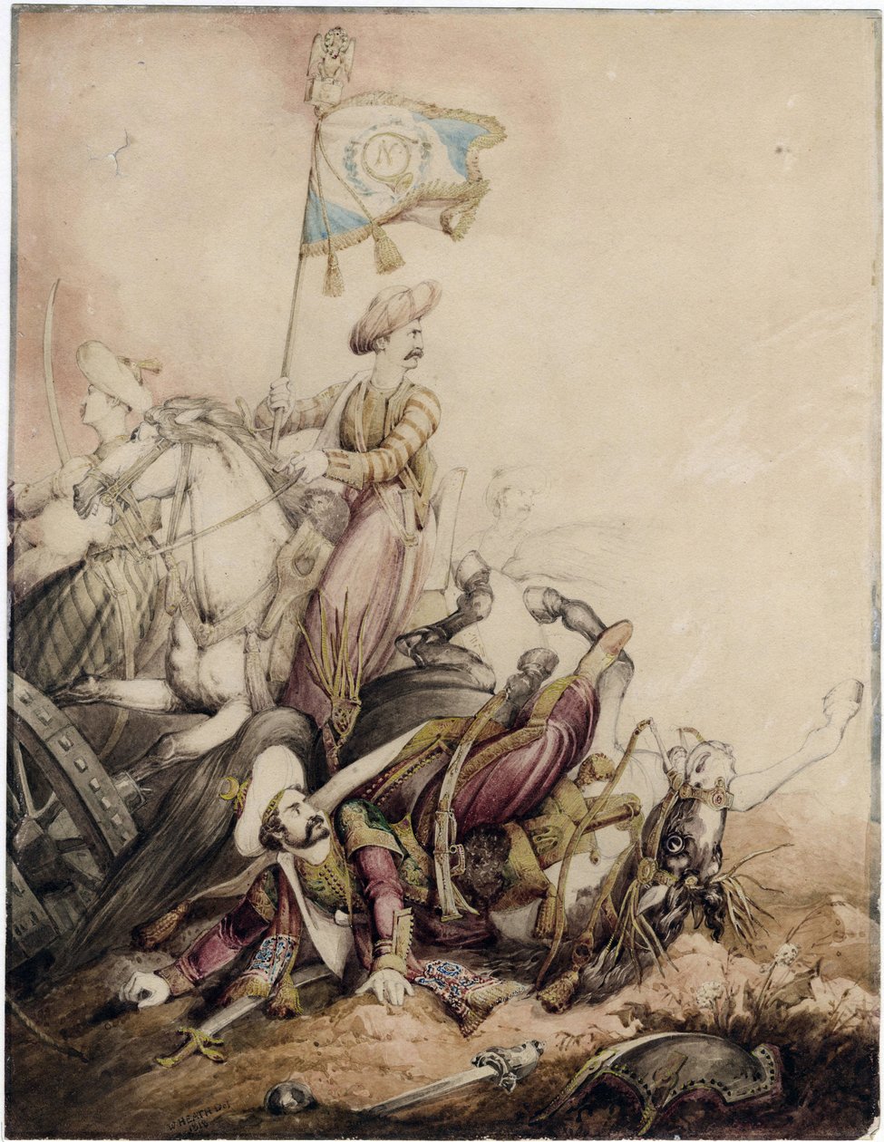 "Porte etendard mamelouk au combat" (portador padrão de Mamluk em combate) Aquarelle de William Heath (1795-1840) - 1818 Dim 33,5x25,9 cm Coleção Privada de William Heath