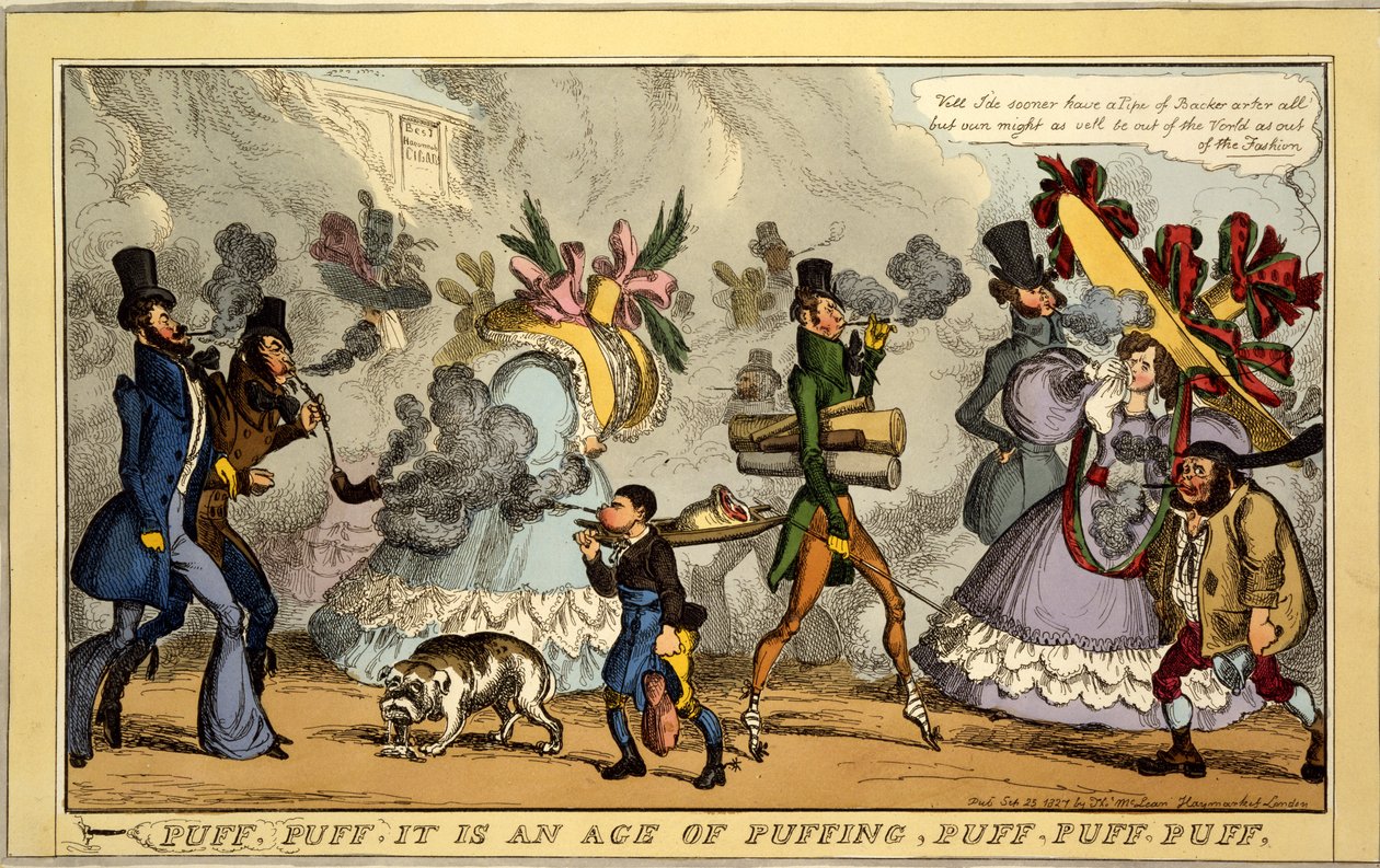 Puff, Puff, é uma era de puffing, Puff, Puff, Puff, pub. Thos. McLean, Londres, 1827 (gravura colorida à mão) de William Heath