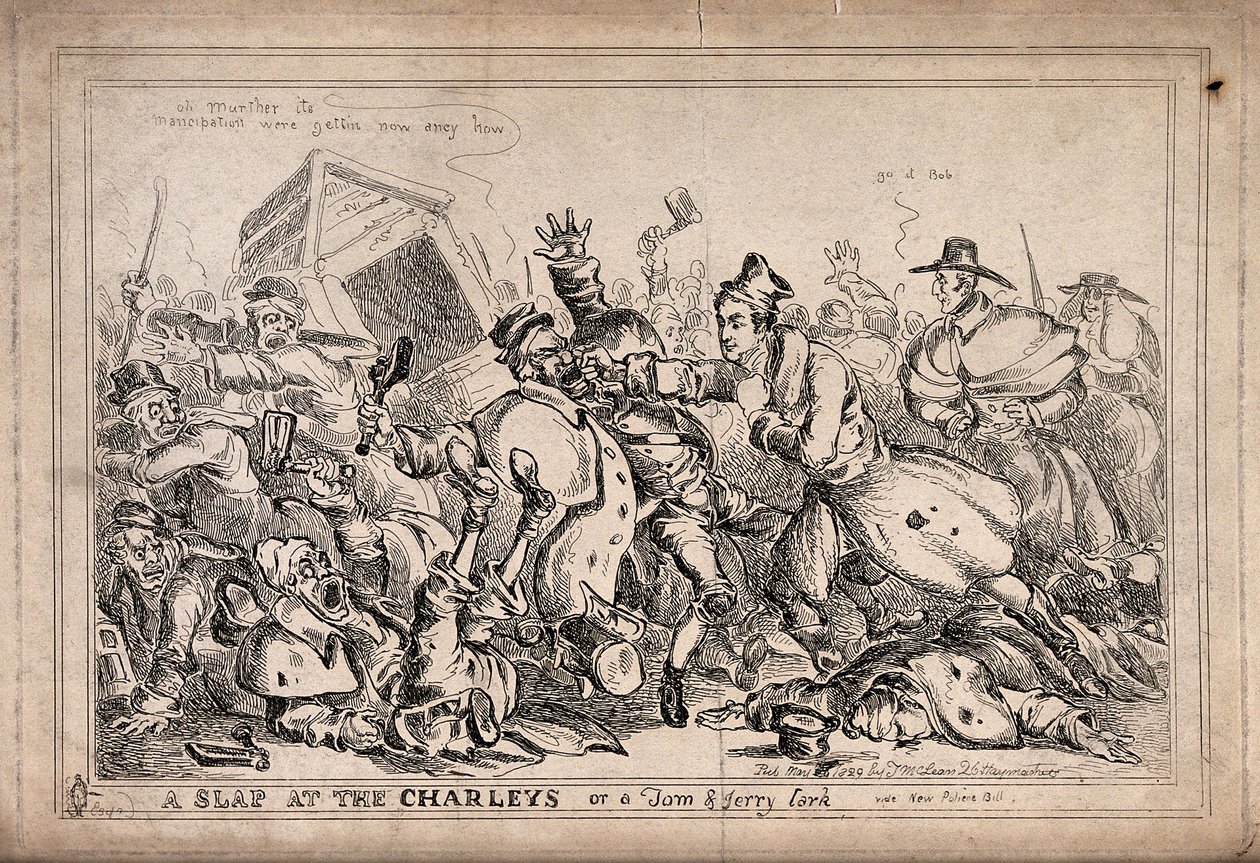 Robert Peel na pele de um pugilista a atacar guardas noturnos com a intenção de os substituir pela força policial. Gravura de Paul Pry (W. Heath). de William Heath