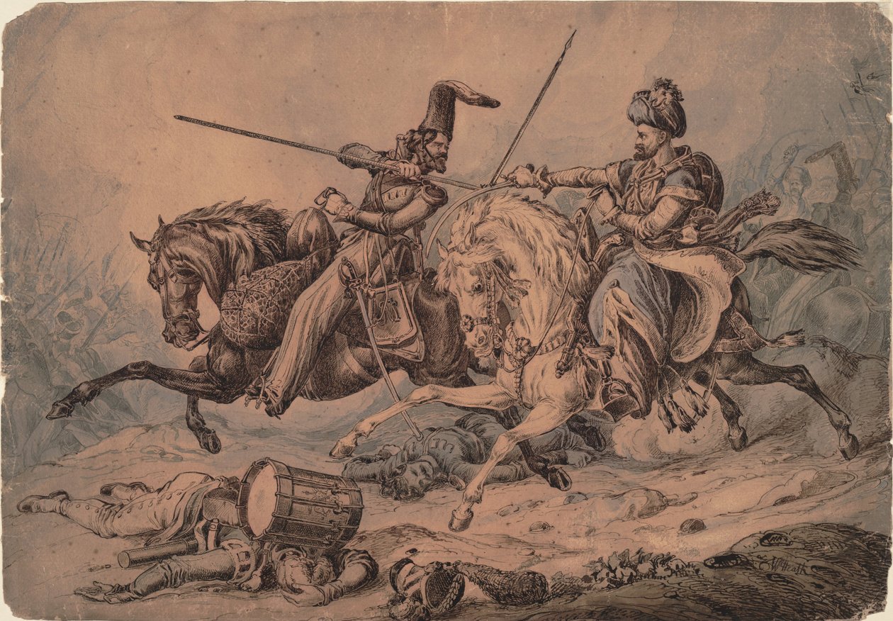 Cossaco russo em combate com um mameluco, 1815 de William Heath