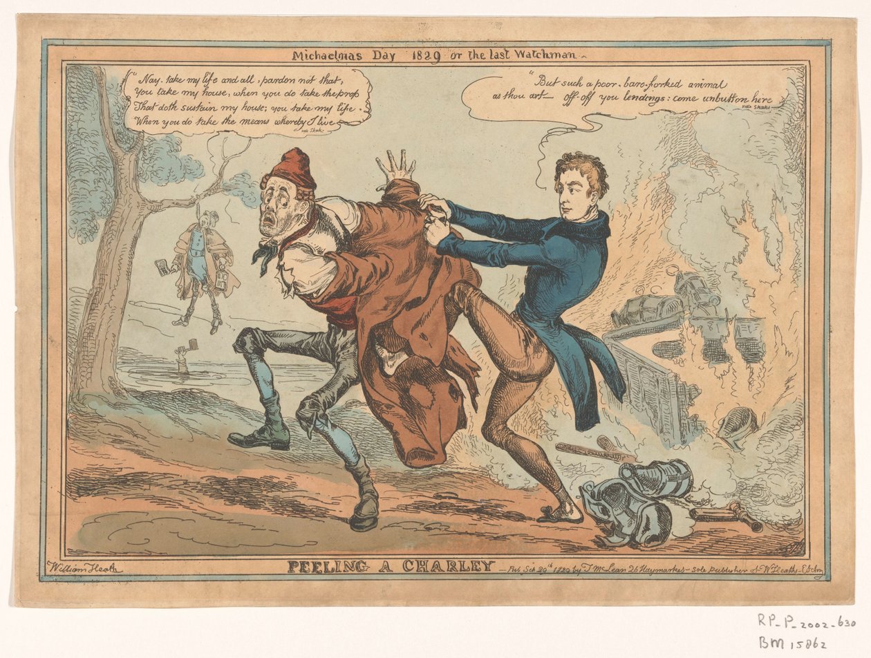 Spotprent de Sir Robert Peel Descascando um Charley / Michaelmas Day 1829 ou o último Watchman (título no objeto) de William Heath