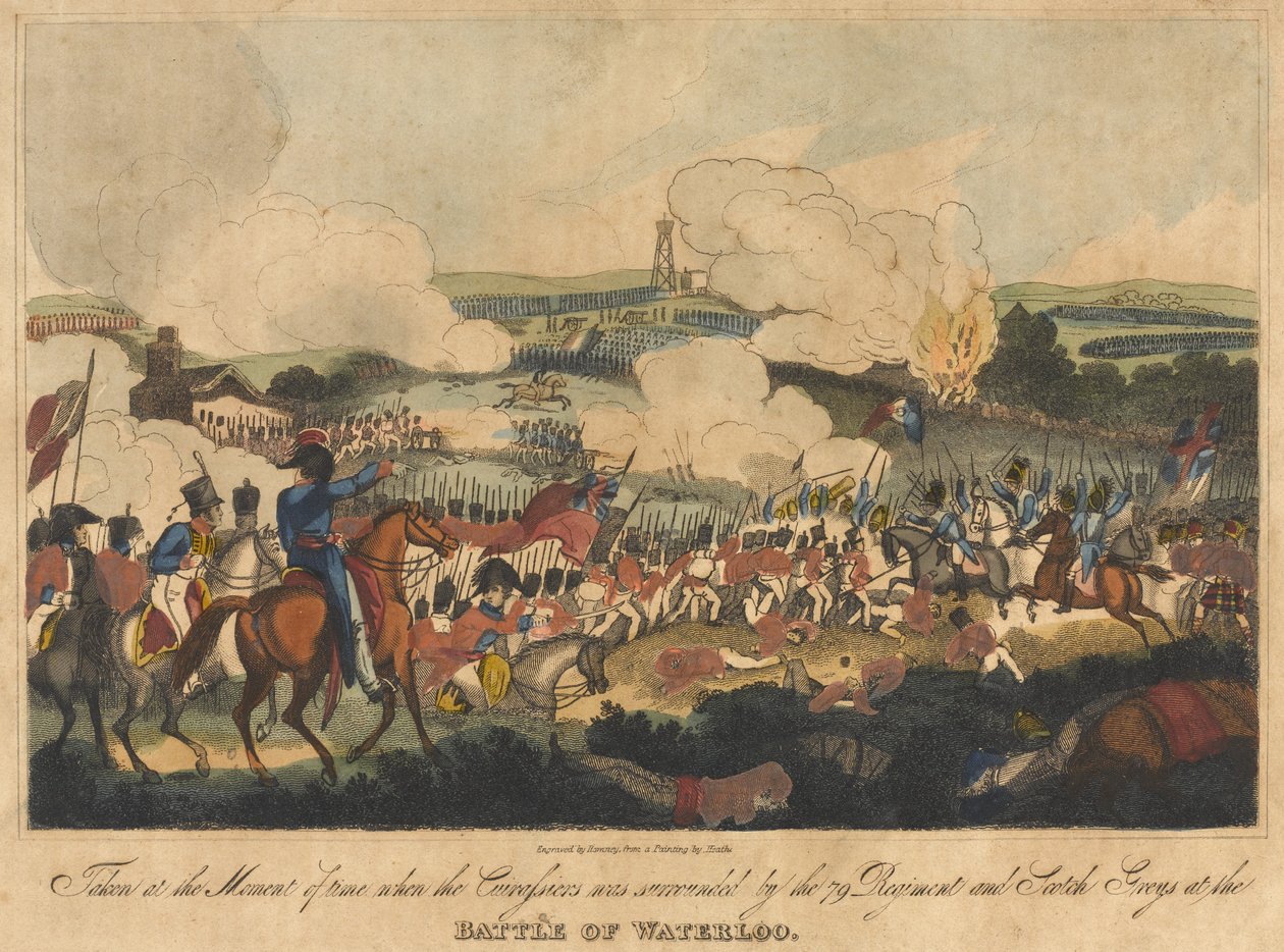 Tomado no momento em que o Cuirassiers foi cercado pelo 79 Regiment e Scotch Greys na Batalha de Waterloo, 18 de junho de 1815, gravado por Romney e publicado por Richard Evans, 1816 (co de William Heath