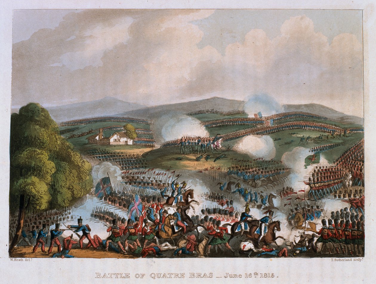 A batalha de Quatre Bras em 16 de junho de 1815, gravado por Thomas Sutherland, 1815 (aquatinta colorido) de William Heath