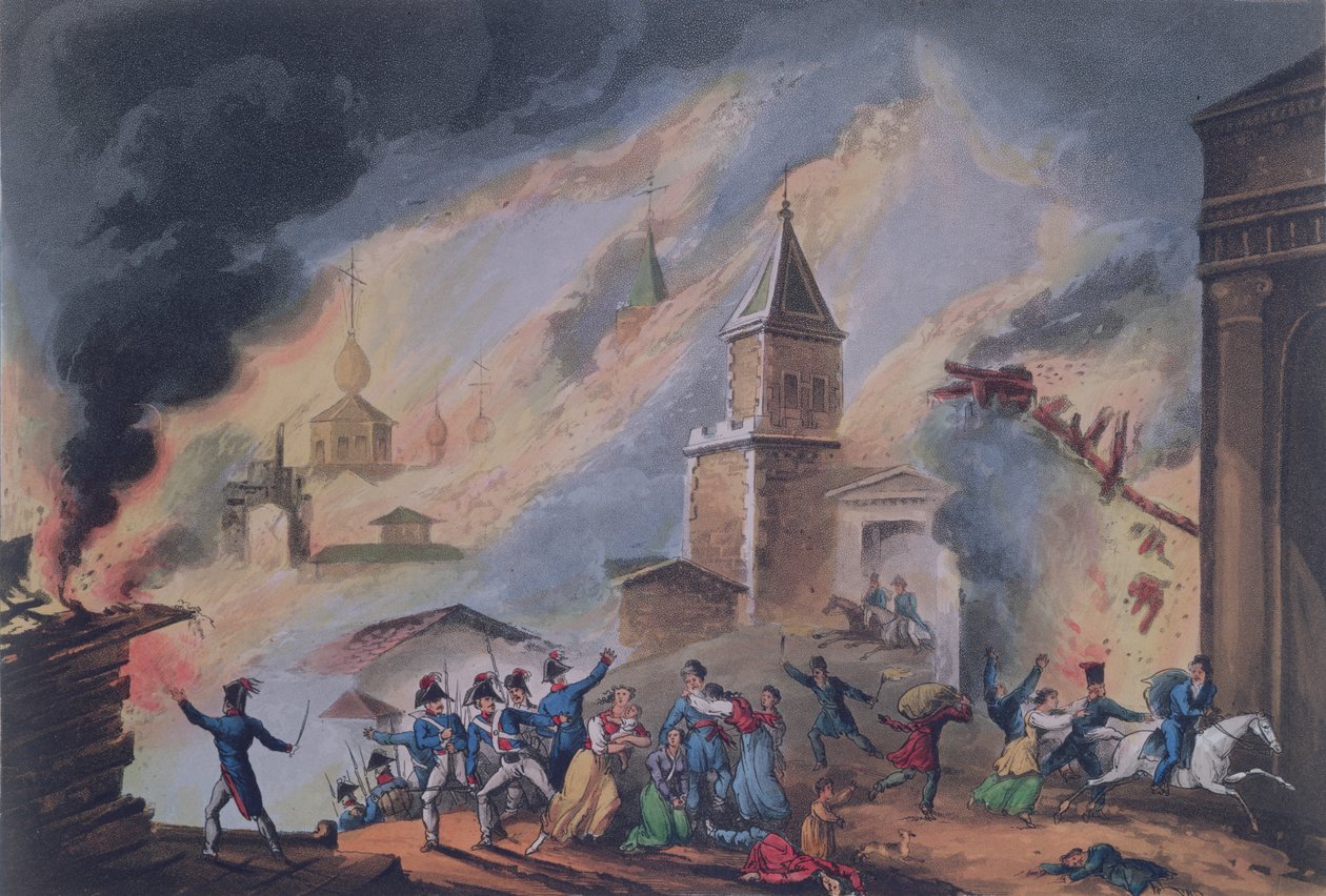 A Queima de Moscou, em setembro de 1812, gravada por Thomas Sutherland (bc1785) (gravura em aquatinta) de William Heath