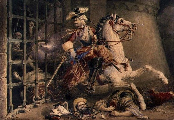 O Oficial de Cavalaria a fugir dos turcos, c.1830 (aguarela sobre lápis de água, aumentada com guache sobre papel) de William Heath
