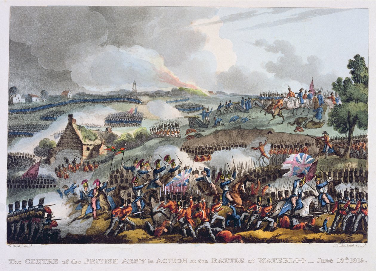 O Centro do Exército Britânico em Ação na Batalha de Waterloo, 18 de junho de 1815, de "As realizações marciais da Grã-Bretanha e seus aliados de 1799 a 1815", de James Jenkins, gravado por Tho de William Heath