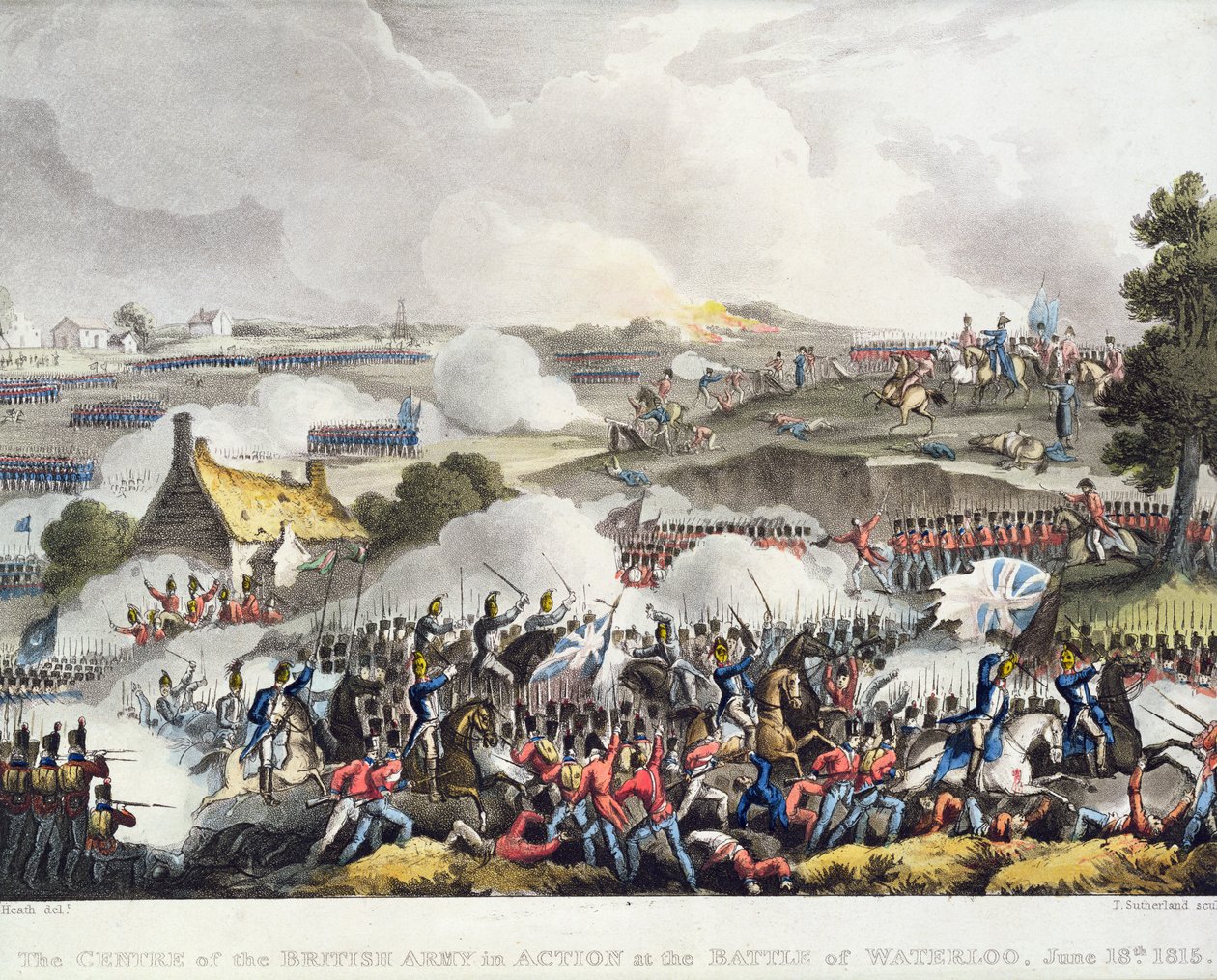 O centro do exército britânico em ação na batalha de Waterloo, 18 de junho de 1815, gravado por Sutherland de William Heath