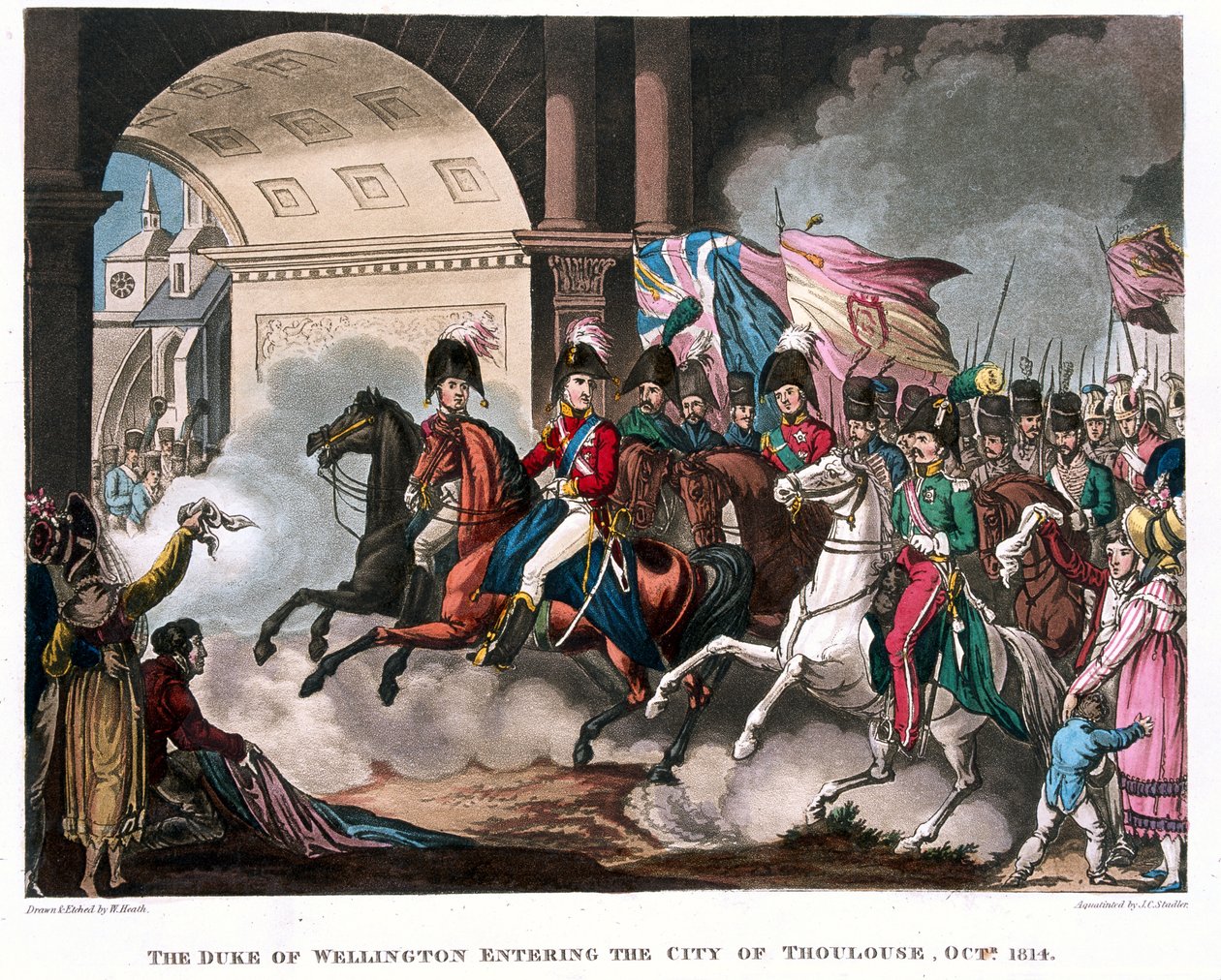 O duque de Wellington (1769-1852) entrando na cidade de Toulouse em 1814, ilustração de um poema narrativo do Dr. Syntax, publicado em 1818 (colorido aquatint) de William Heath