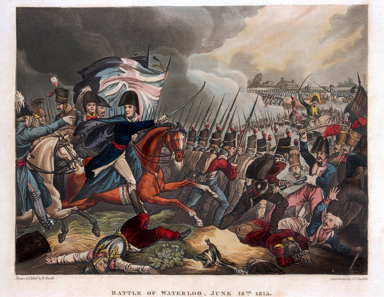 O Duque de Wellington (1769-1852) com tropas avançando na Batalha de Waterloo, ilustração de um poema narrativo do Dr. Syntax, 1818 (aquatinta colorida) de William Heath