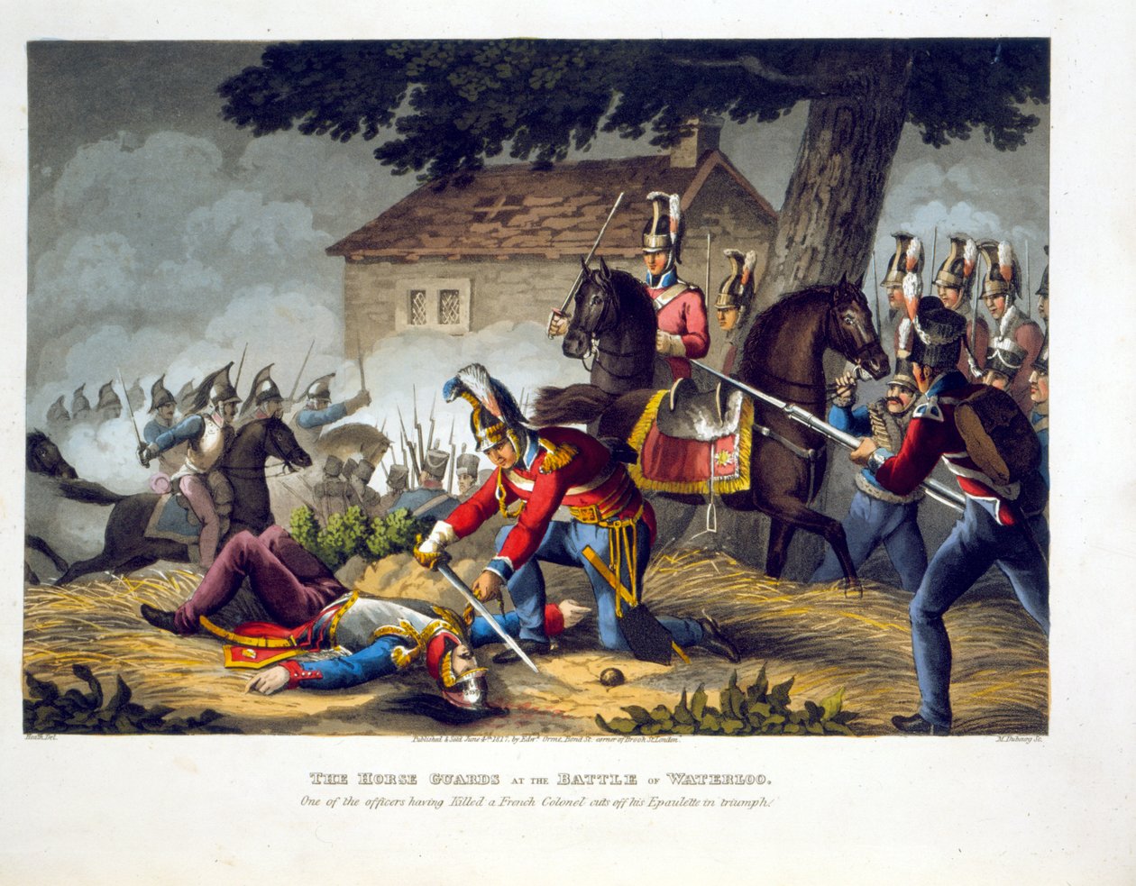 Os protetores de cavalo na batalha de Waterloo, gravada por Matthew Dubourg (fl.1813-20) "das anedotas históricas, militares e navais", bar. por Edward Orme (1774-c.1820) 1817 (aquatinta) de William Heath