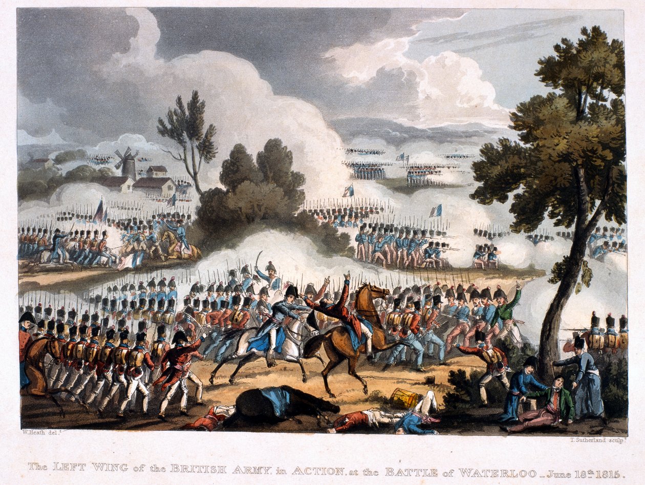 A Ala Esquerda do Exército Britânico em ação na Batalha de Waterloo, gravada por Thomas Sutherland, 1815 (colorido aquatint) de William Heath