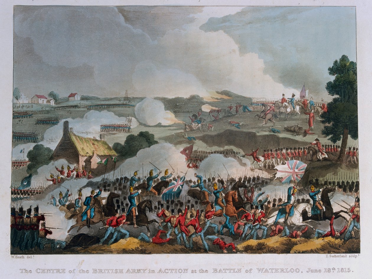 O centro do exército britânico em ação na Batalha de Waterloo, 1815 (aquatint) de William Heath