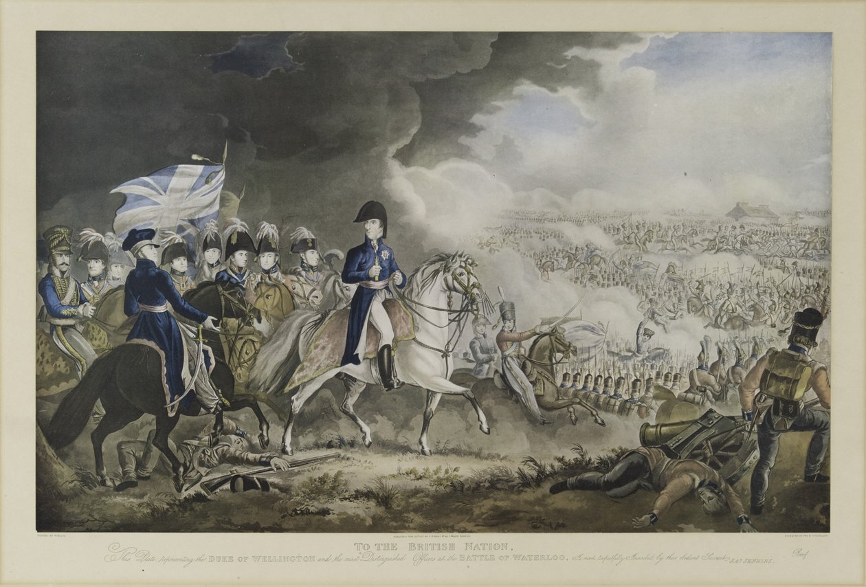 &39;Para a Nação Britânica&39;, O Duque de Wellington e os Oficiais Mais Ilustres na Batalha de Waterloo, 18 de junho de 1815, aquatint de WT Fry e T. Sutherland, publicado por J. Jenkins, Londres, 18 de William Heath