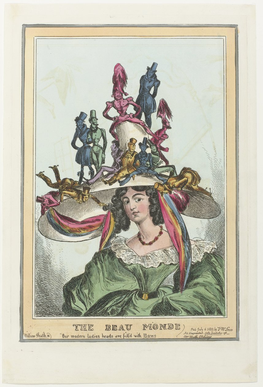 Mulher com chapéu grande sobre o qual se sentam figuras masculinas
O Beau Monde (título sobre o objecto) de William Heath