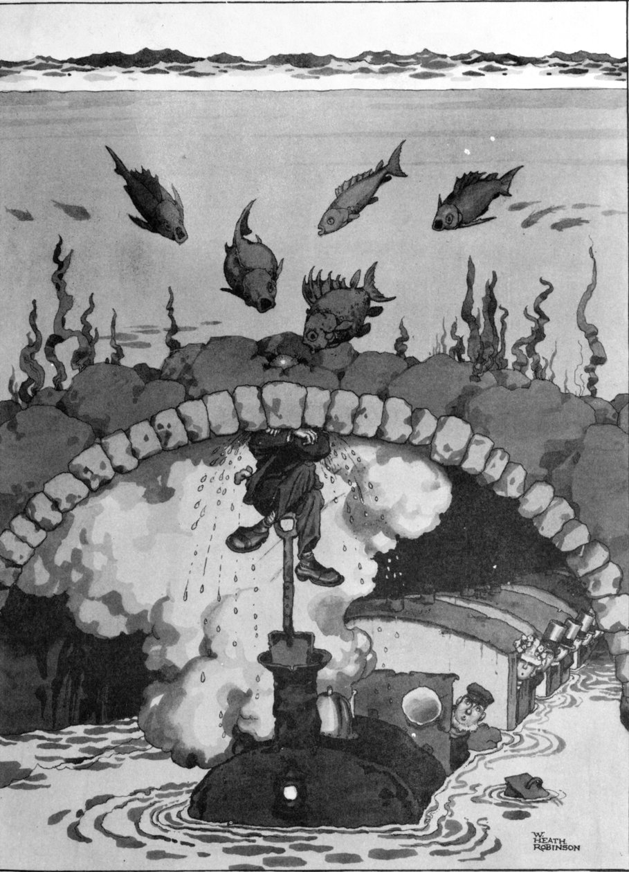 Um vazamento no túnel do Canal da Mancha, ilustração de "Invenções" de William Heath Robinson