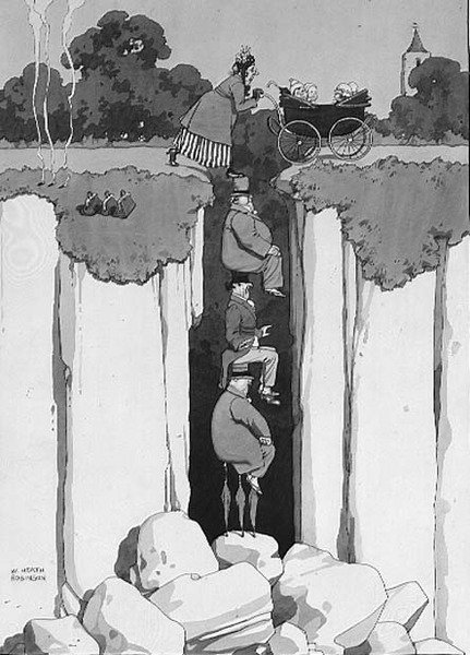 Acto de Gentileza, Pensamento de Três Cavalheiros em Ajudar a Senhora sobre o Abismo (caneta e tinta, aguarela) de William Heath Robinson