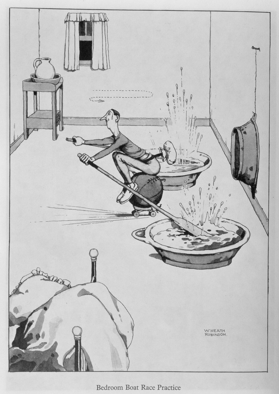 Prática da corrida de barco do quarto, ilustração de "invenções" de William Heath Robinson