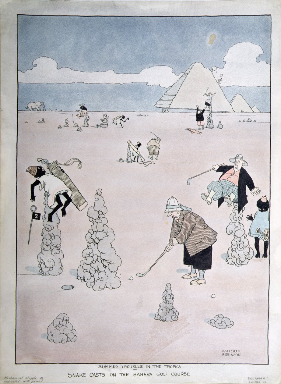 Problemas de Verão nos Trópicos - Snake Casts on the Sahara Golf Course (caneta, tinta e aguarela) de William Heath Robinson