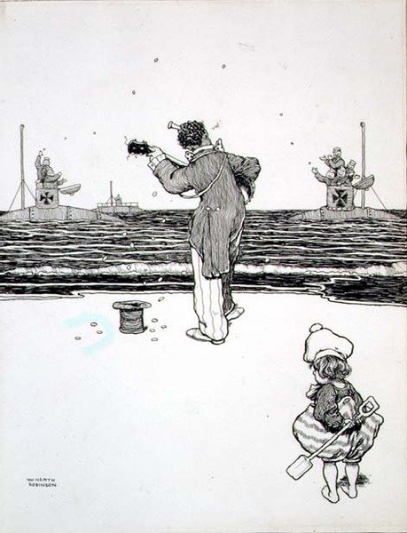 Trocando com o Inimigo nas Areias Yarmouth, de "Some Frightful War Pictures". de William Heath Robinson