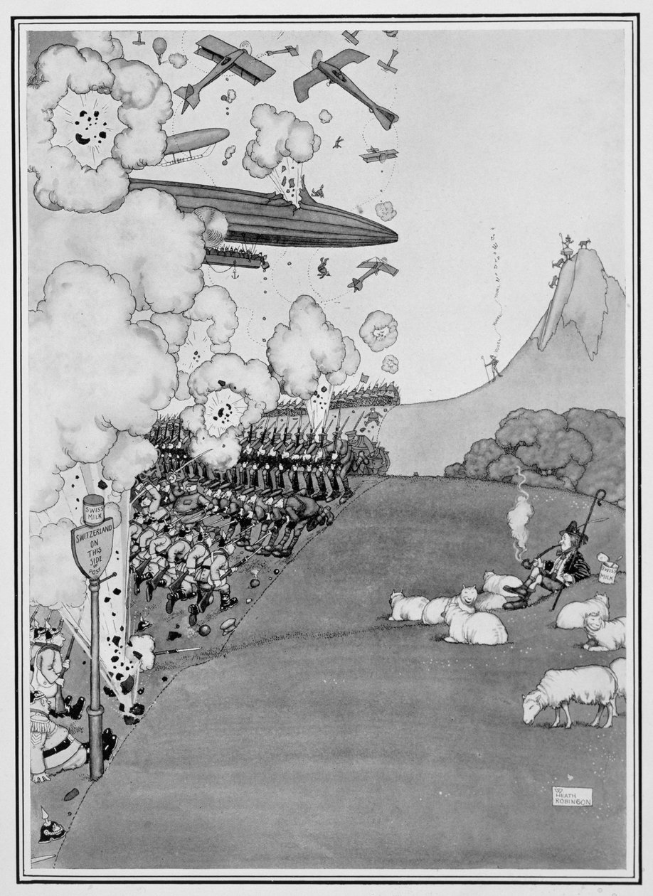 Vista da guerra da Suíça, de &39;algumas fotos de guerra assustadora&39;, 1915 de William Heath Robinson