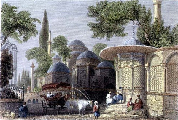 Fonte e Mesquita de Chahzade, gravada por Roberts Sands (1792-1855) c.1850 (aquatint) de William Henry (after) Bartlett