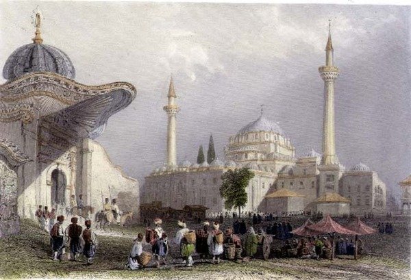 A Mesquita de Bajazet com a Porta do Seraskier, Istambul, gravada por H. Griffiths, c.1850 (aquatint) de William Henry (after) Bartlett