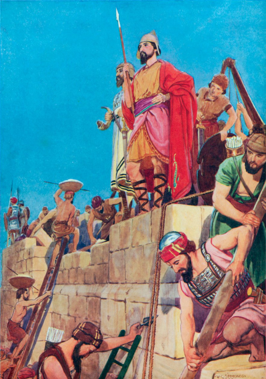 Reconstrução das muralhas de Jerusalém (litografia a cores) de William Henry (after) Margetson