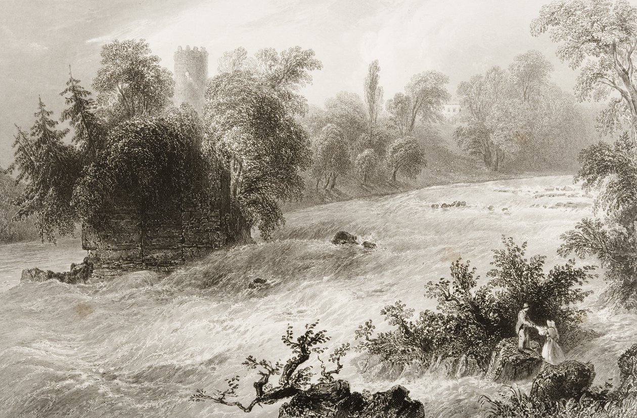 Castleconnell e Doonass Rapids, Condado de Limerick, na Irlanda, de "Cenário e Antiguidades da Irlanda" por George Virtue, de 1860 de William Henry Bartlett