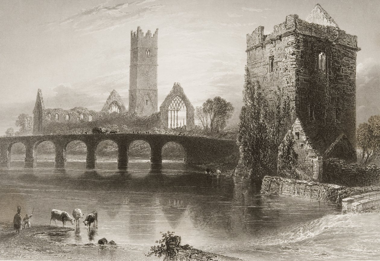 Clare Abbey, Condado de Clare, na Irlanda, de "Cenário e Antiguidades da Irlanda" por George Virtue, de 1860 de William Henry Bartlett