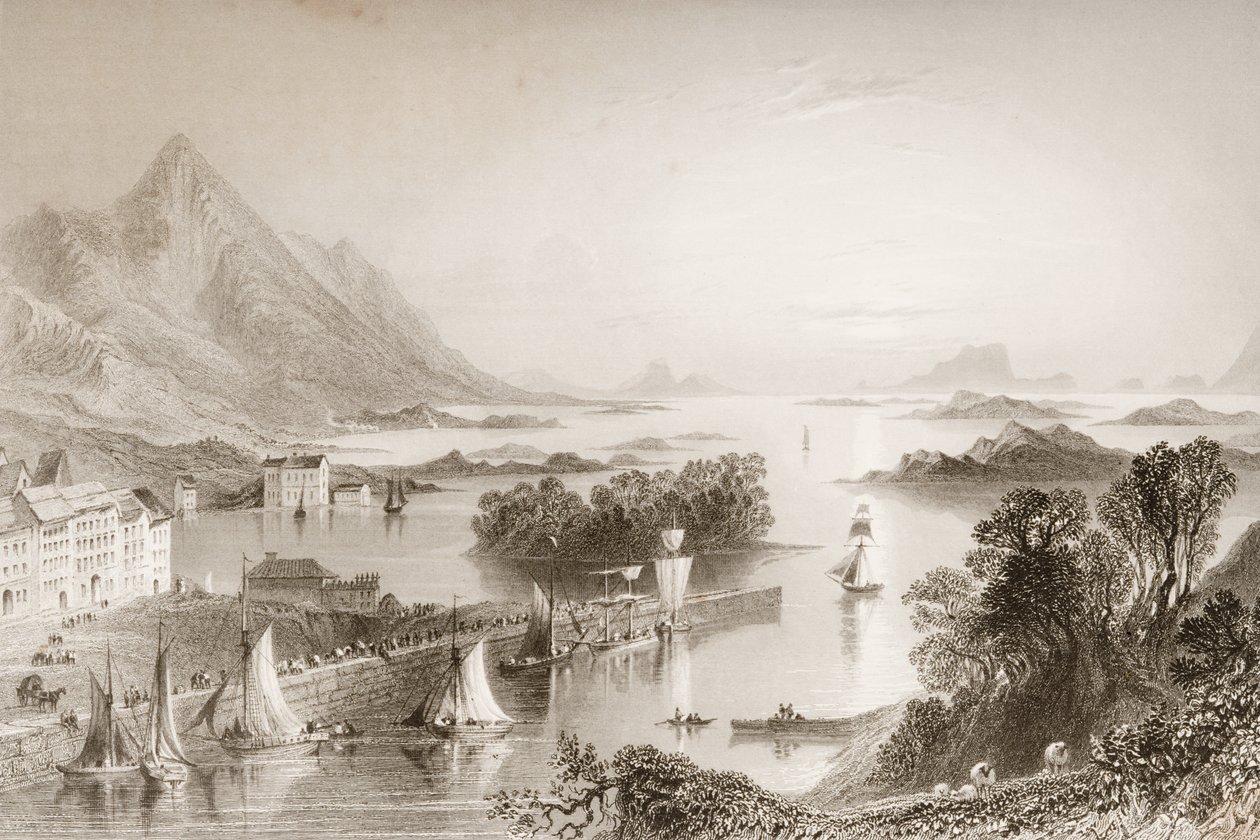 Clew Bay visto de Westport, Condado de Mayo, de "Cenário e Antiguidades da Irlanda" por George Virtue, de 1860 de William Henry Bartlett