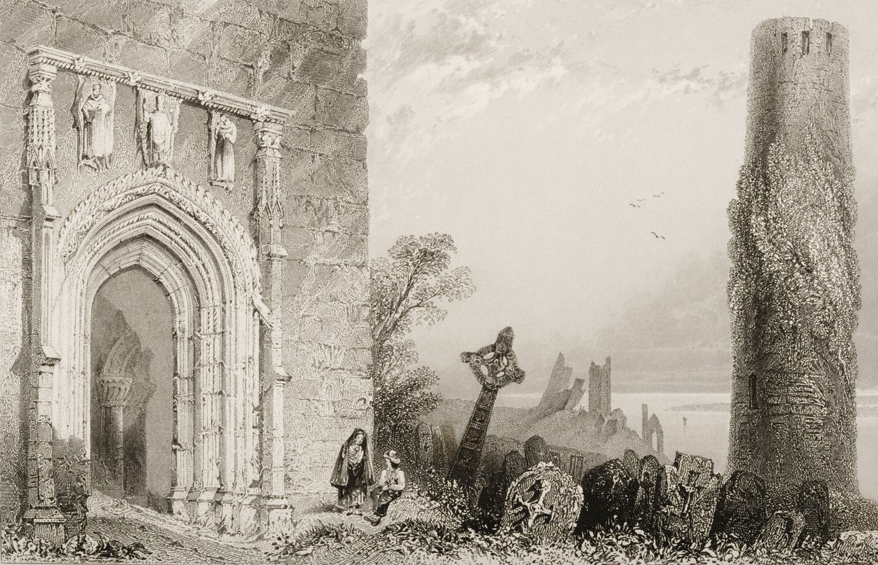 Entrada para um templo, Clonmacnois, Condado de Offaly, na Irlanda, de "Cenário e antiguidades da Irlanda" por George Virtue, de 1860 de William Henry Bartlett