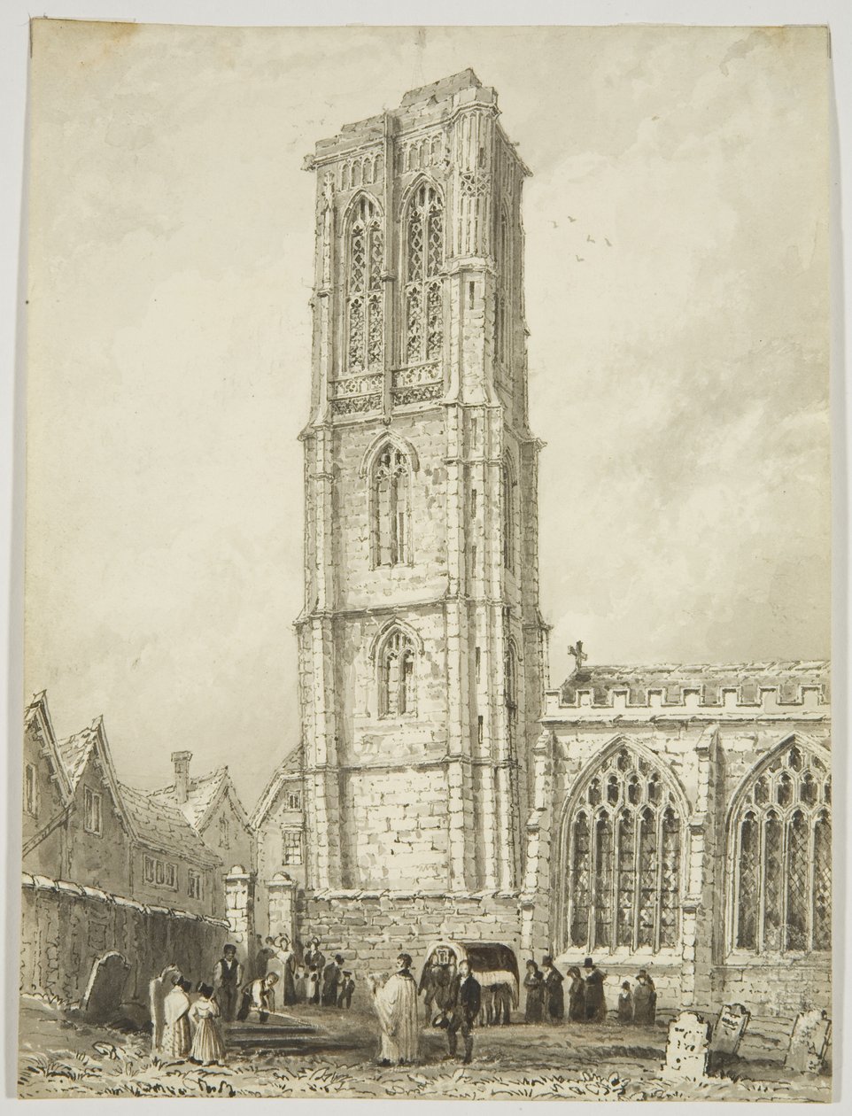 Exterior da Igreja do Templo, mostrando um internamento, c.1825 (lápis e aquarela sobre papel) de William Henry Bartlett