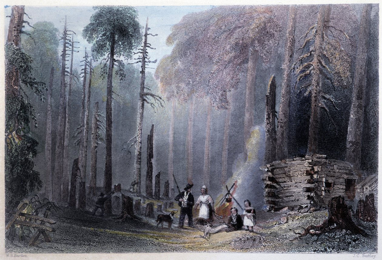Primeira instalação de colonos - em "Canadian scenery illustrated" por W.H. Bartlett, Londres de William Henry Bartlett