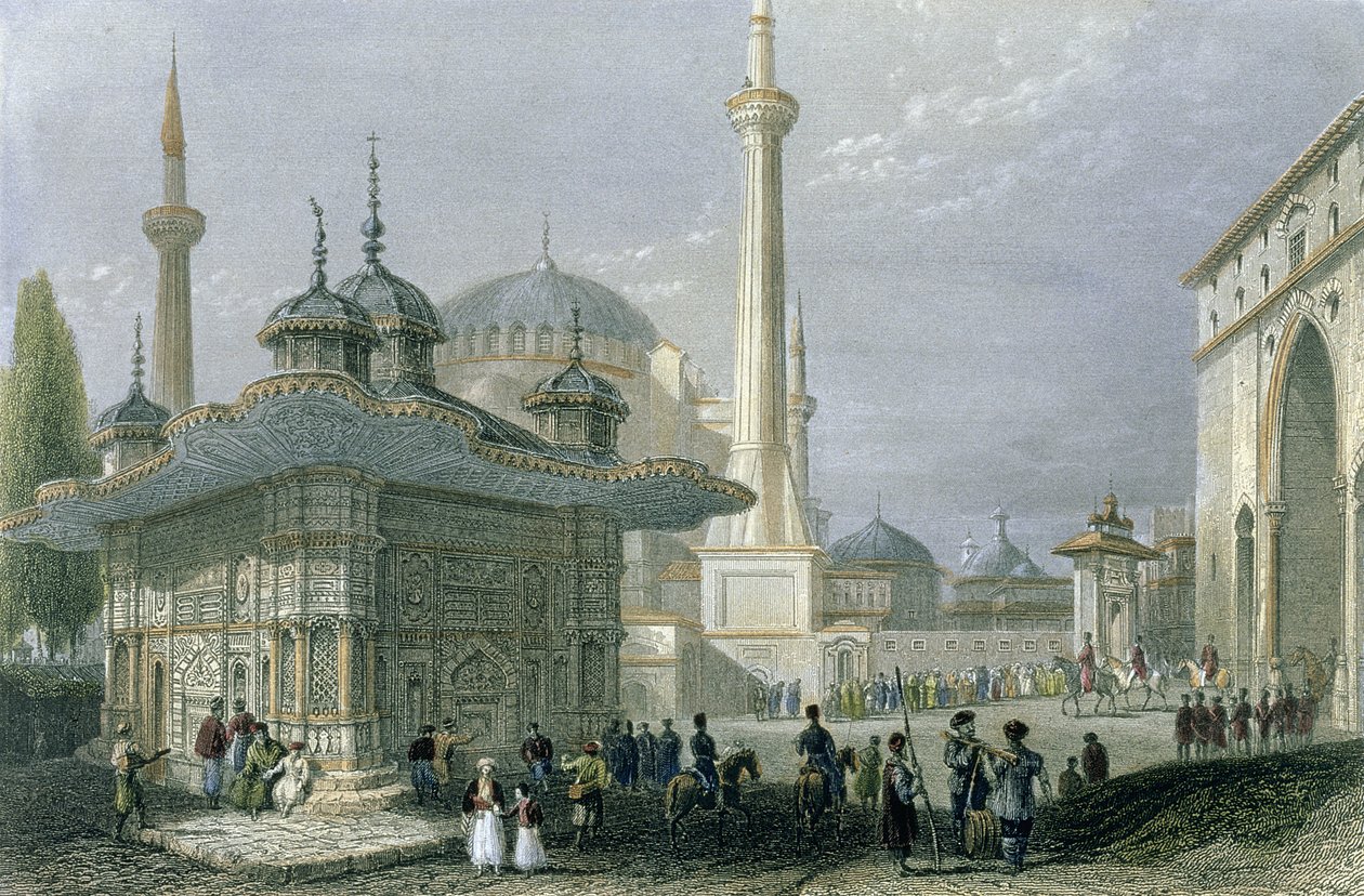 Fonte e Praça de Santa Sofia, Istambul, gravada por T. Higham, c.1850 (aquatint) de William Henry Bartlett