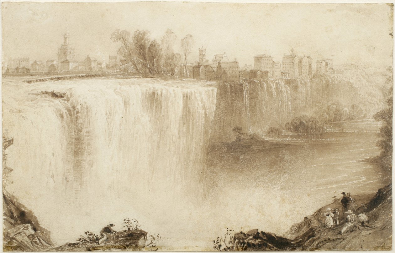 Genesee Falls, Rochester, Nova York: Estudo para uma gravura, 1836 (lavagem de tinta marrom com arranhar no papel) de William Henry Bartlett
