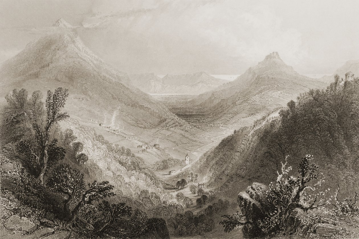 Glen of the Downs, Condado de Wicklow, na Irlanda, de "Cenário e Antiguidades da Irlanda" por George Virtue, década de 1860 (gravura) de William Henry Bartlett