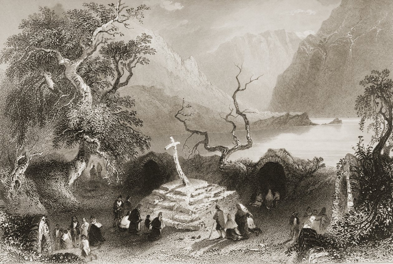 Gougane Barra, Condado de Cork, na Irlanda, de "Cenário e Antiguidades da Irlanda" por George Virtue, de 1860 de William Henry Bartlett