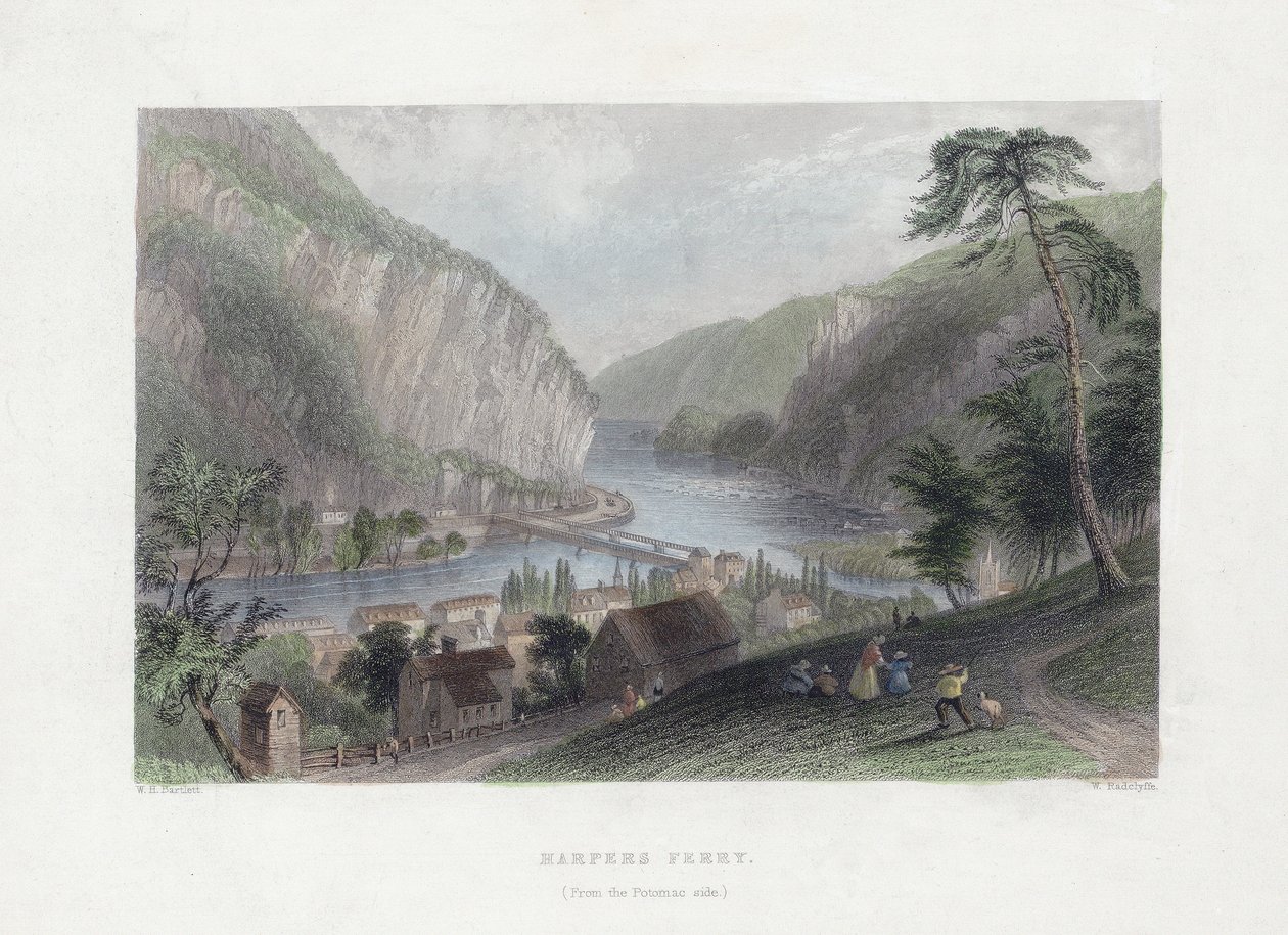 Harpers Ferry (do lado Potomac), pub. 1839 (gravura colorida à mão) de William Henry Bartlett