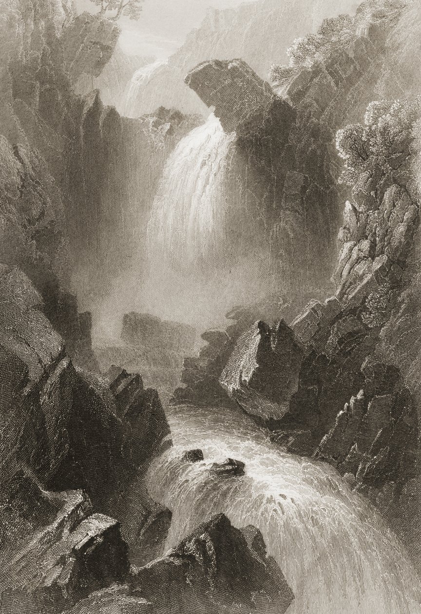 Cabeça do Vale do Diabo, Condado de Wicklow, na Irlanda, de "Cenário e Antiguidades da Irlanda" por George Virtue, década de 1860 (gravura) de William Henry Bartlett