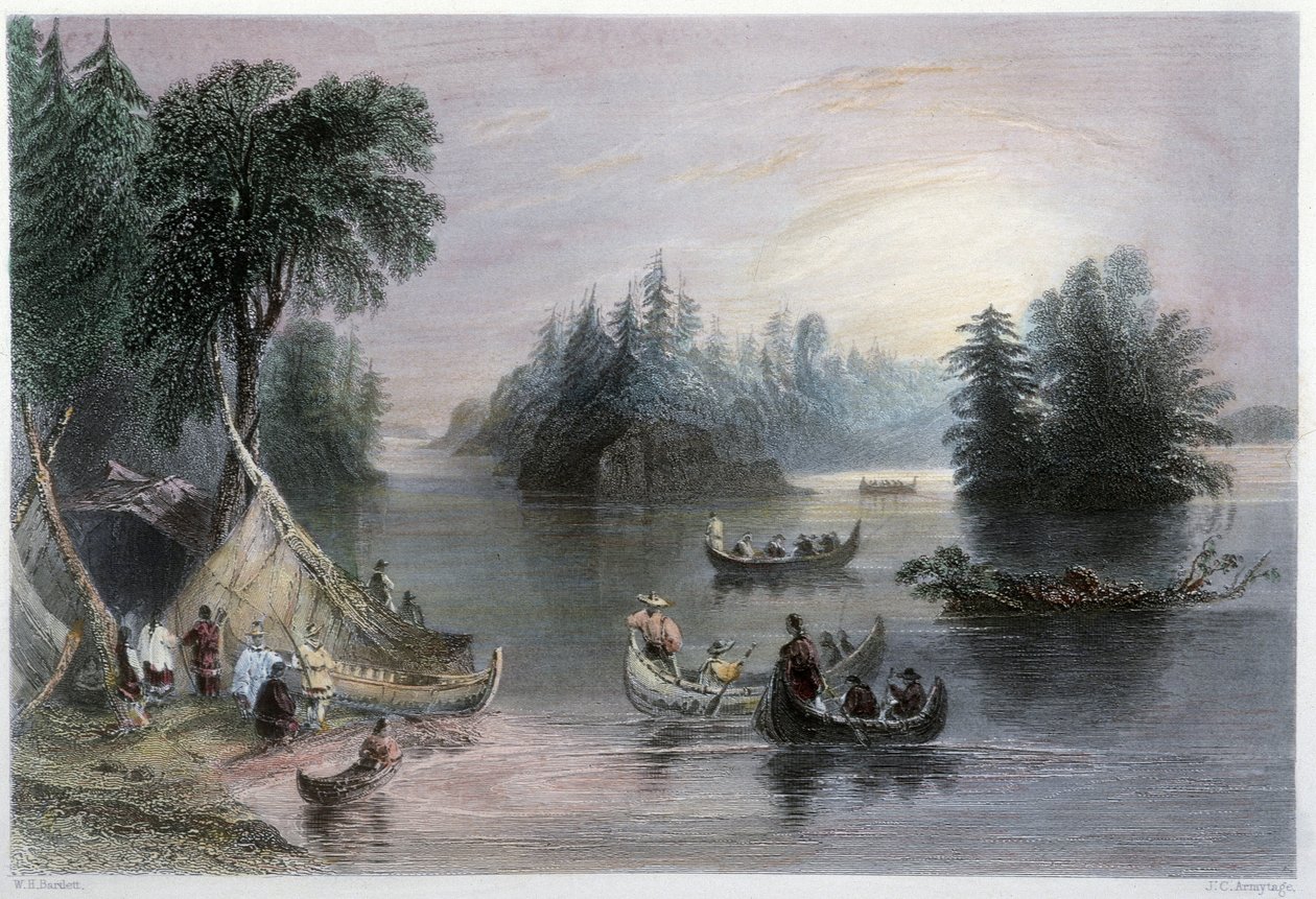 Indian Tipis and Canoes, Banks of the St Laurent - em "Canadian scenery illustrated" por W.H. Bartlett, Londres de William Henry Bartlett