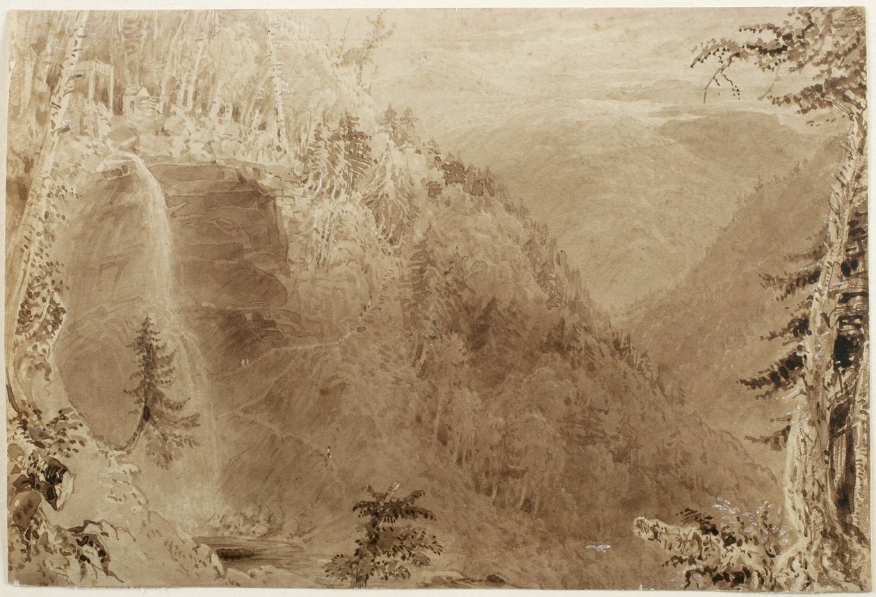 Kaaterskill cai de cima do desfiladeiro, Montanhas Catskill, Nova York: Estudo para uma gravura, 1836 (lavagem de tinta marrom com toques de branco aumentando no papel, colocado no cartão) de William Henry Bartlett