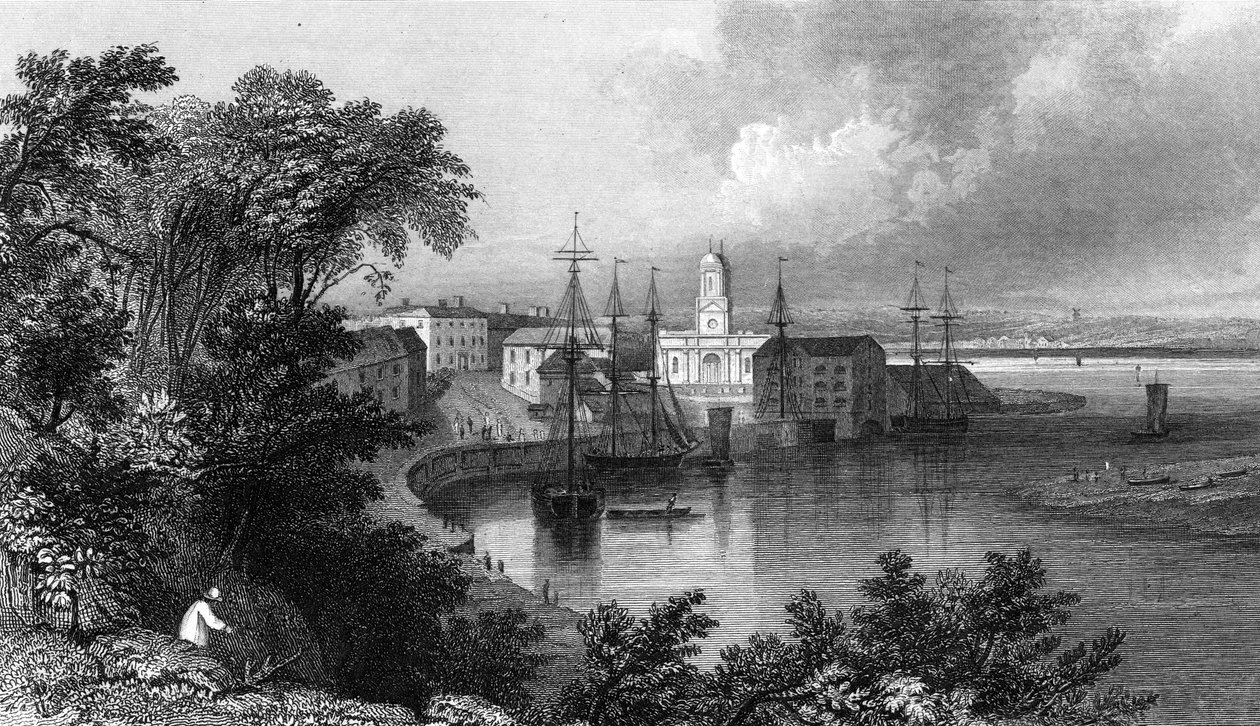 Mistley Quay, perto de Harwich, Essex, gravado por John Rogers, 1832 de William Henry Bartlett